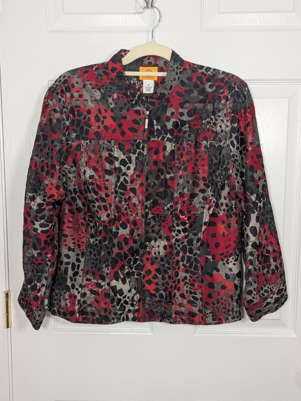 Ruby Rd Red Black Abstract Animal Print Zip Front Jacket Linen Blend Size 12
